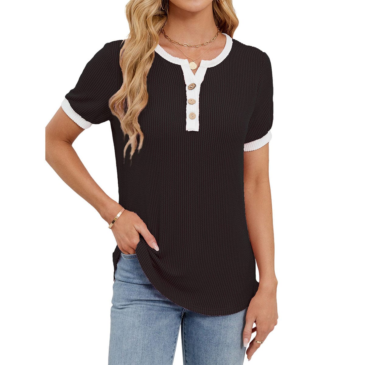 Callie Waffle Knit Henley Tee
